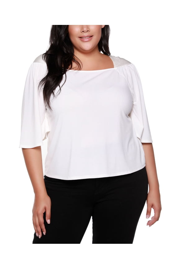 Black Label Plus Size Square-Neck Elbow Sleeve Top Winter White 1X