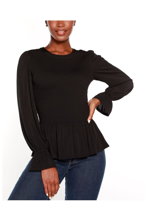 Black Label Smocked Peplum Top Black S