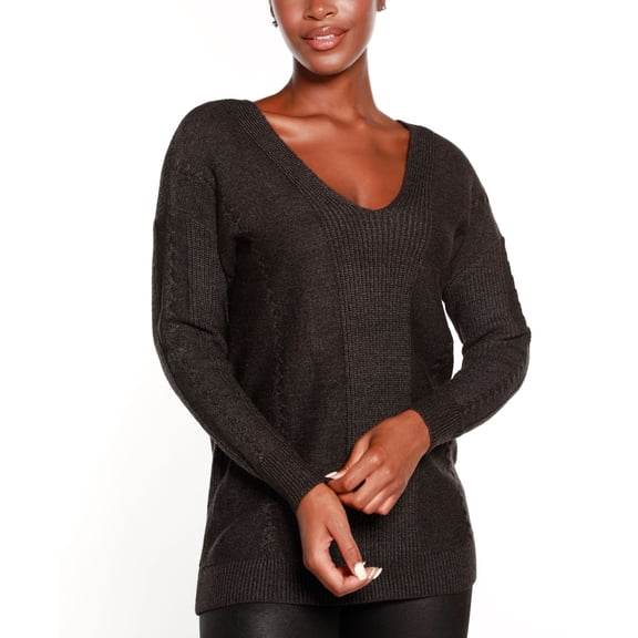 Belldini Black Label V Neck Sweater With Cable Detail Heather Charcoal L