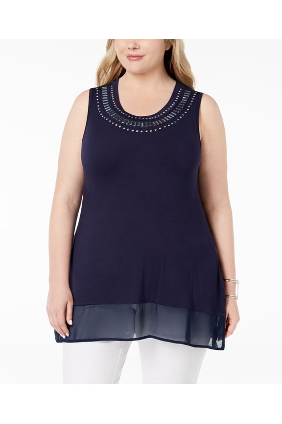 Plus Size Studded Sheer Hem Tunic Tank Navy/Silver 1X
