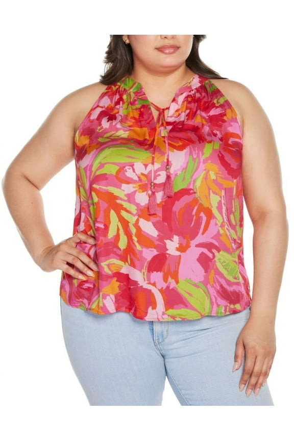 Women's Abstract Floral Tie-Neck Sleeveless Top Plus Size 2X