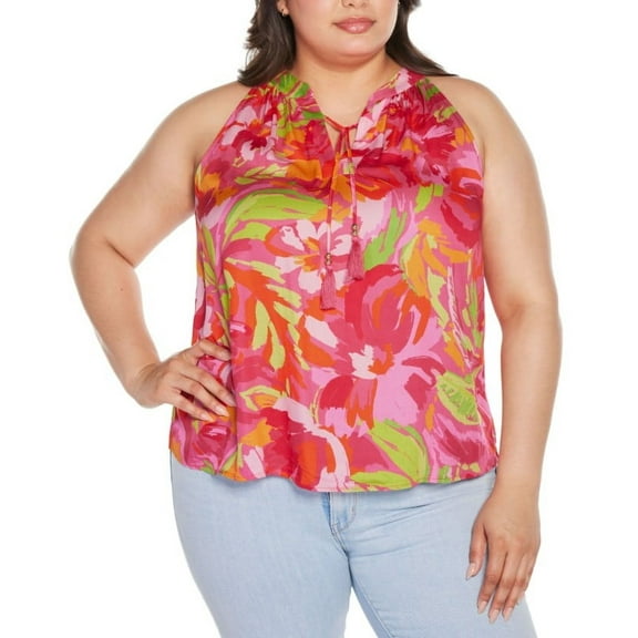 Belldini Women's Abstract Floral Tie-Neck Sleeveless Top Plus Size 2X