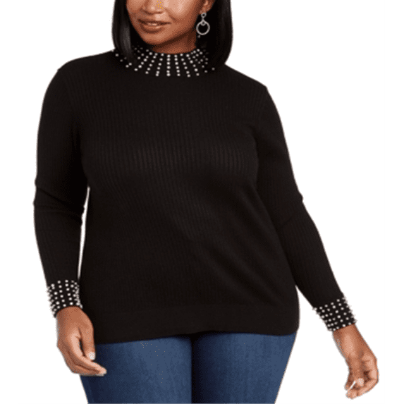 Belldini Women's Embellished Mock Neck Top Black Size 3X