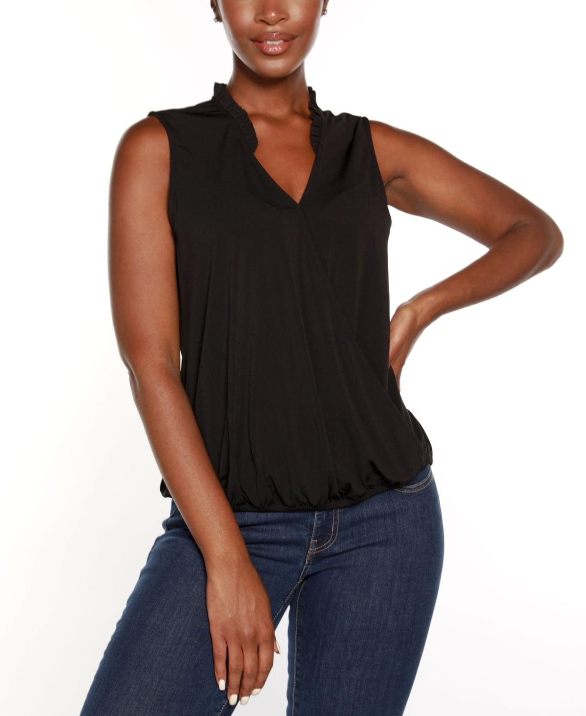 Belldini Women's Wrap Front Ruffle Neck Top Black Size X-Large