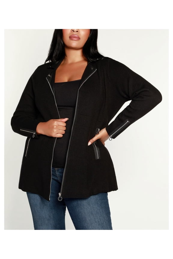 Womens Faux-Leather Knit Sweater, Black, Plus Size, 3X