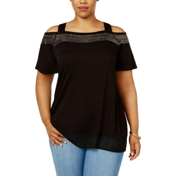 Belldini Womens Plus Embellished Cold Shoulder Pullover Top