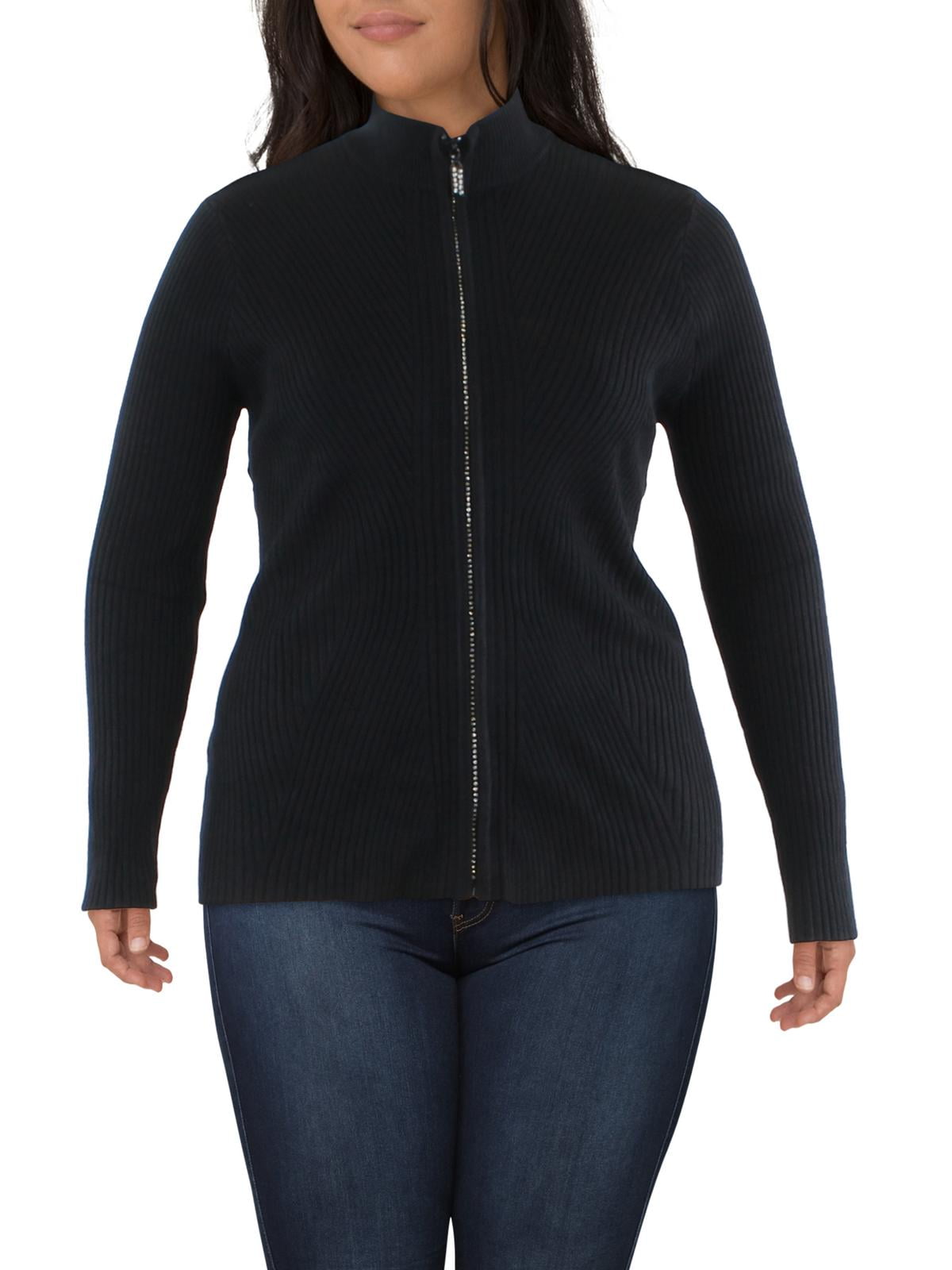 Black Label Plus Size Mock Neck Ribbed Sweater Zip Up Black 1X