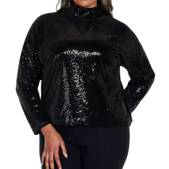 Belldini Womens Sequined Tunic Blouse, Black, Plus Size, 2X