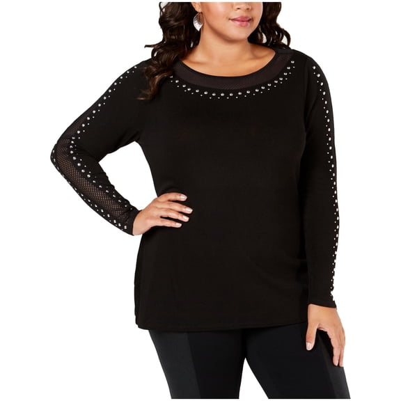 Belldini Womens Studded Mesh Inset Pullover Top Black 1X