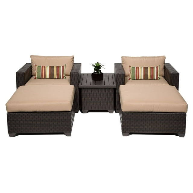 TK Classics Belle Wicker 5 Piece Patio Conversation Set with Ottoman and 2 Sets of Cushion Covers
