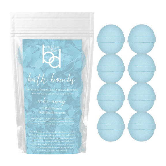 Belle & Beau Luxe All-Natural Ache Away Hemp Bath Bombs - Organic Hemp Seed Oil with Eucalyptus, Peppermint, Orange & Rosemary Essential Oils - Qty 8