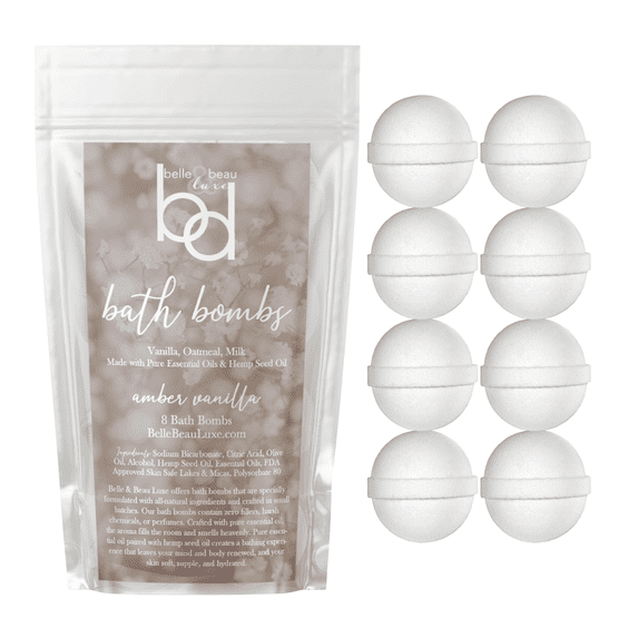 Belle & Beau Luxe All-Natural Amber Vanilla Hemp Bath Bombs - Made with Organic Hemp Seed Oil and Pure Essential Oils - 8 Count