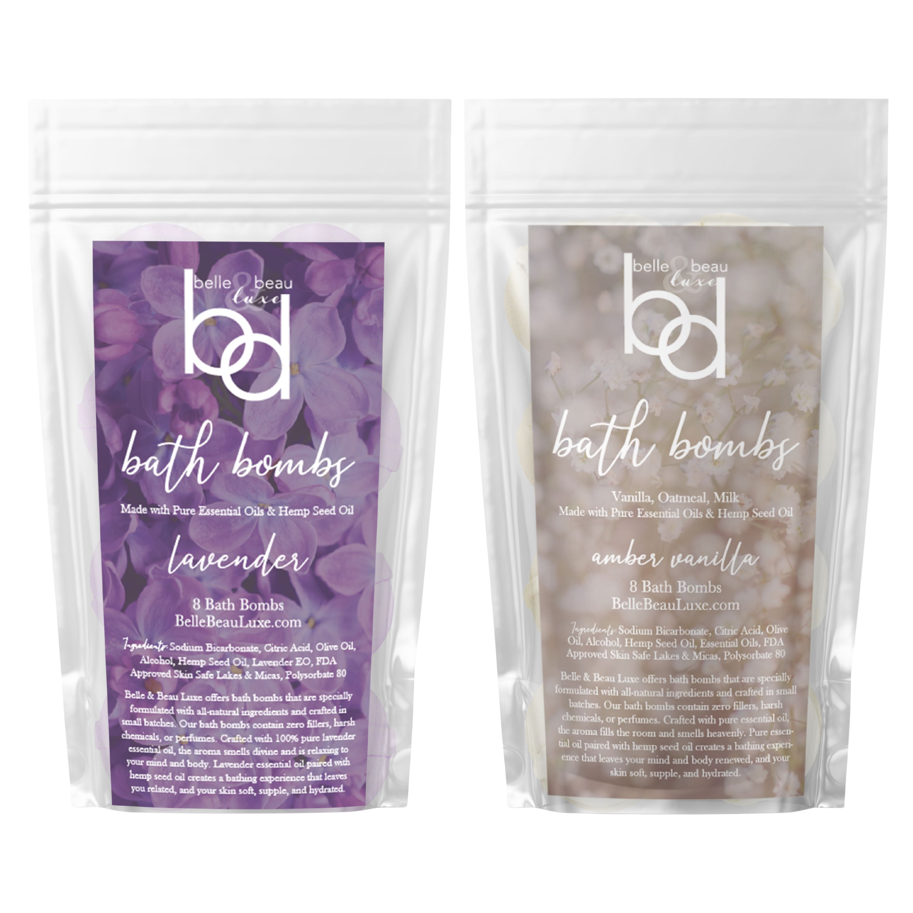 Belle & Beau Luxe All-Natural Amber Vanilla and Lavender Hemp Bath Bombs - Made with Organic Hemp Seed Oil and Pure Essential Oils - 8 Count Each Scent - 16 Total