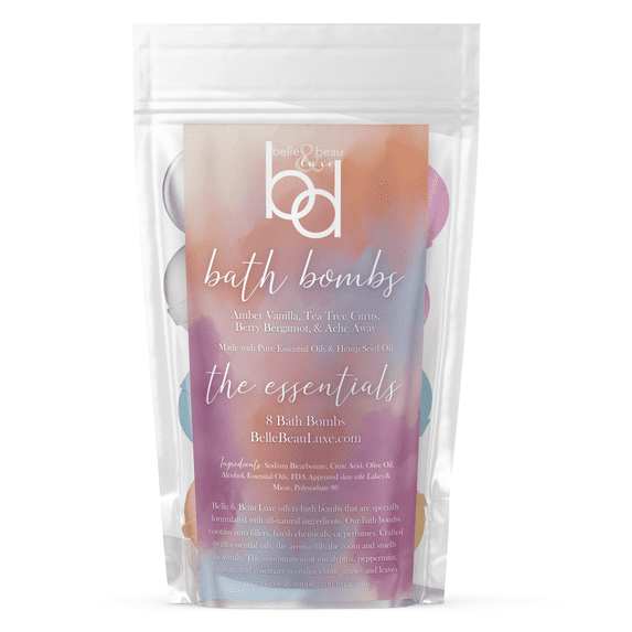Belle & Beau Luxe Essentials Variety Pack Hemp Bath Bombs - Made with Organic Hemp Seed Oil and Pure EO - Vanilla, Tea Tree Citrus, Bergamot Berry, & Ache Away - 8 Count