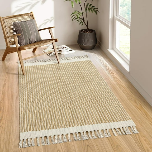 Belle Boho Rugs for Bedroom, 3x5 Bathroom Rug Lightweight Farmhouse Woven Area Rug with Tassels, Throw Rugs Washable Kitchen Rug Non Shedding Indoor Door Mats for Entryway Living Room, Khaki