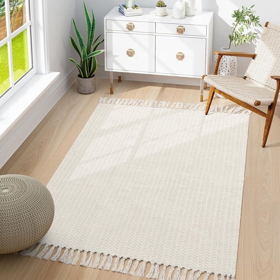 Belle Boho Rugs for Entryways, 3x5 Kitchen Rug Lightweight Bedroom Rugs Washable Bath Mat with Tassels, Farmhouse Cotton Beige Living Room Low Pile Throw Rug for Laundry Office Decor