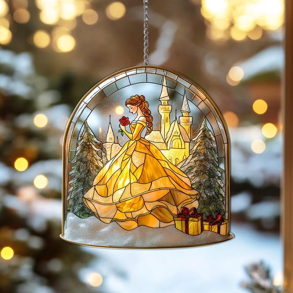 Belle Castle Acrylic Suncatcher, Beauty Princess Faux Stained Glass Window Hanging Gift For Movie Fans