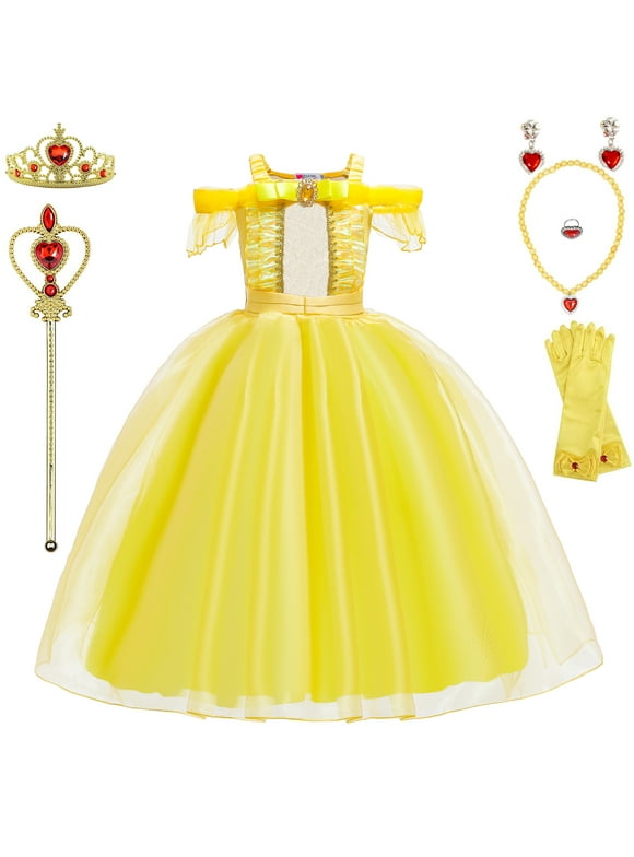 Belle Costume For Girls Princess Belle Dress Up Birthday Christmas Party Outfit with Accessories 4T 5T(120CM,Q98)