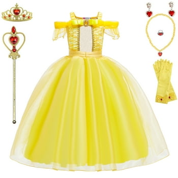 Belle Costume For Girls Princess Belle Dress Up Birthday Christmas Party Outfit with Accessories 7-8 Years(140CM,Q98)