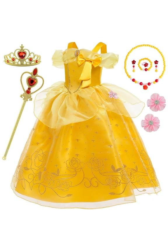 Belle Costumes for Girls Kids Princess Belle Dress Up Birthday Christmas Party with Accessories 4T 5T(E40)