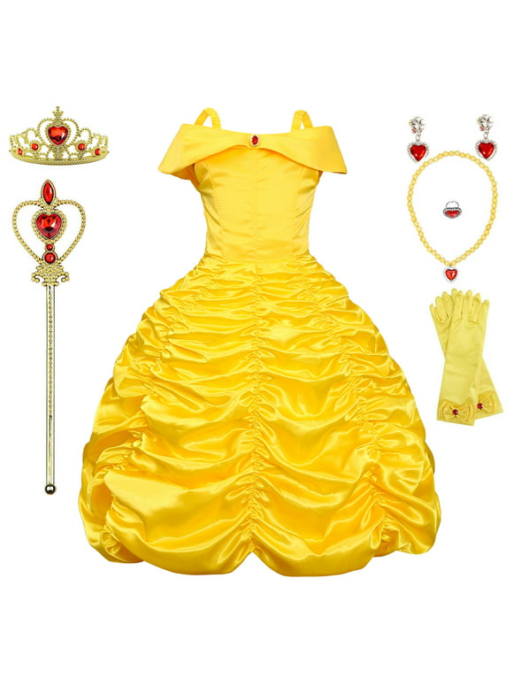 Belle Costumes for Girls Kids Princess Belle Dress Up Birthday Christmas Party with Accessories 5-6 years(130CM,E39)