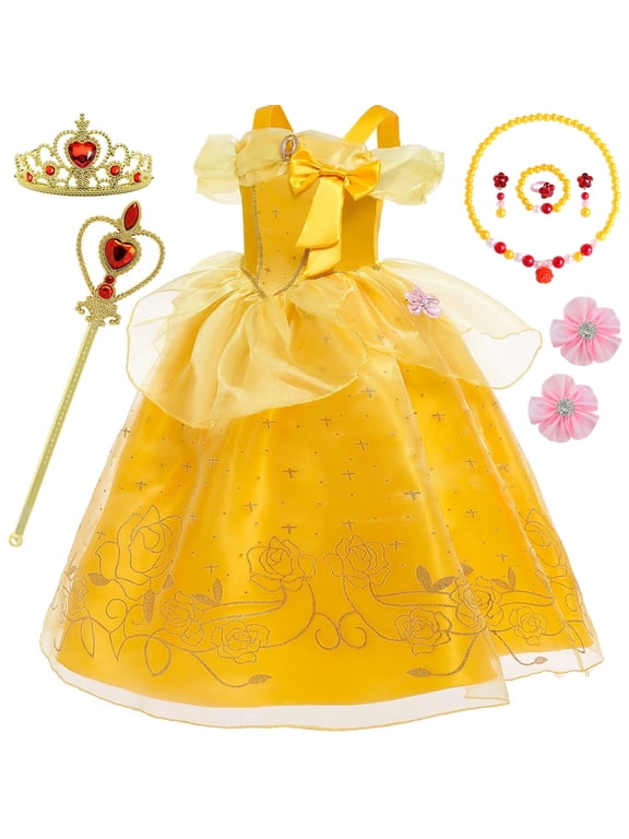 Belle Costumes for Girls Kids Princess Belle Dress Up Birthday Christmas Party with Accessories 7-8Years(E40)