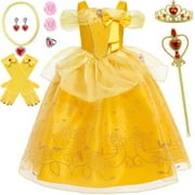 Belle Costumes for Girls Kids Princess Belle Dress Up Birthday Christmas Party with Accessories