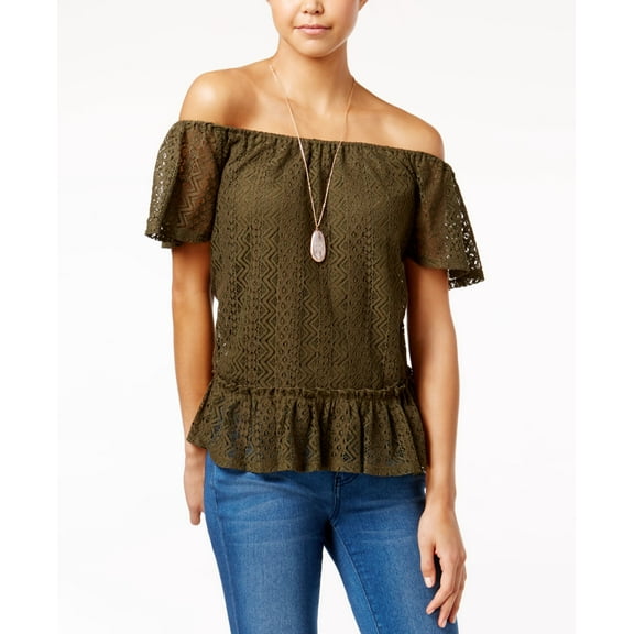 Belle Du Jour Juniors Lace Off The Shoulder Top With Necklace Olive Night L