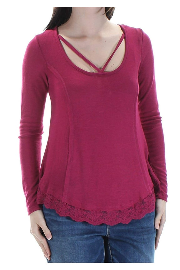 Juniors Lace Trim Cage Front Top Red Plum XS