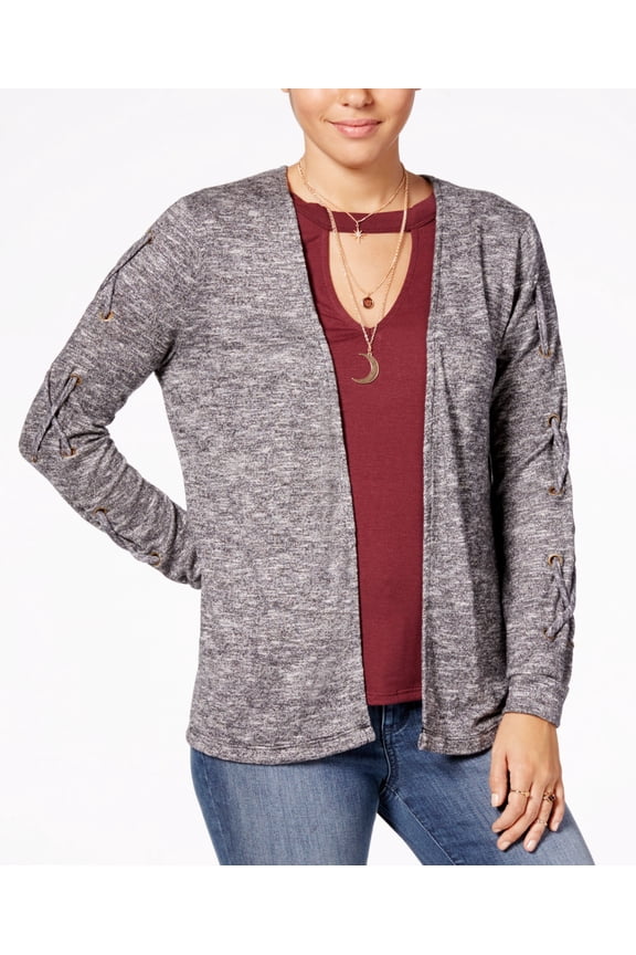 Juniors Lace Up Cardigan Graphic T-Shirt Set With Necklace Black S