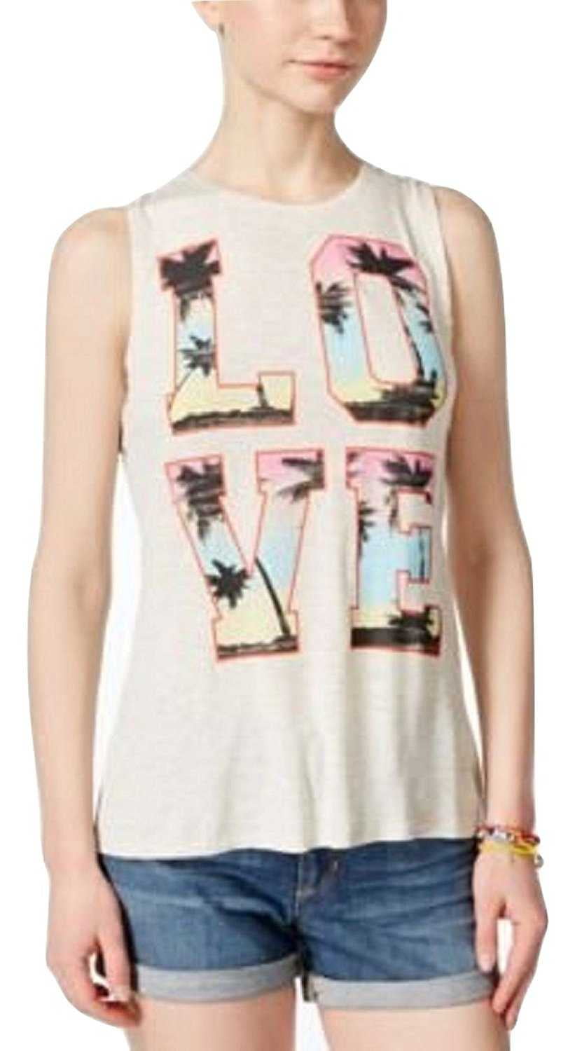 Belle Du Jour Juniors Split-Back Graphic Tank Top (Heather Oatmeal, Large)