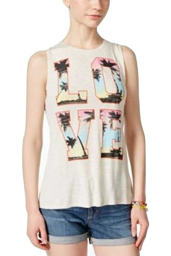 Juniors Split-Back Graphic Tank Top (Heather Oatmeal, Large)