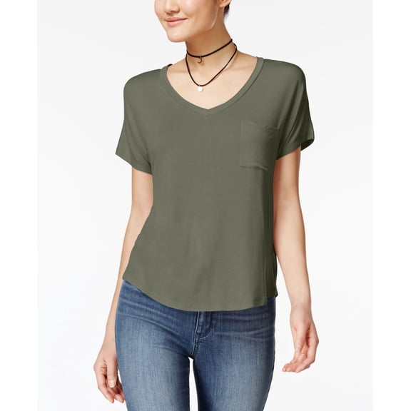 Belle Du Jour Juniors V Neck High Low T-Shirt With Necklace Deep Lichen Green M