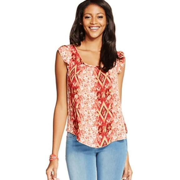 Belle Du Jour ROSE CLOUD Juniors' Printed Flutter-Sleeve Top, US Medium