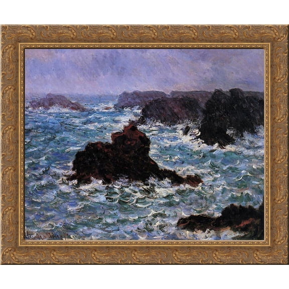 Belle Ile, Rain Effect 24x20 Gold Ornate Wood Framed Canvas Art by Monet, Claude