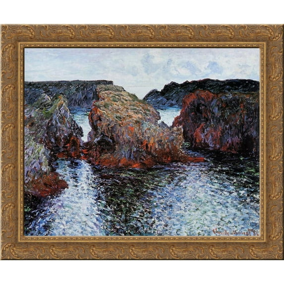 Belle Ile, Rocks at Port Goulphar 24x20 Gold Ornate Wood Framed Canvas Art by Monet, Claude