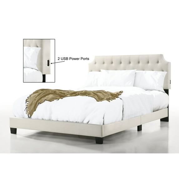 Belle Isle Furniture Queen Modern Rubberwood Upholstered Panel Beds with USB Power Connection, Beige