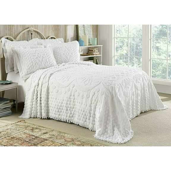 Belle Maison Traditional Flowers White Floral Tufted Cotton Bedspread, Full
