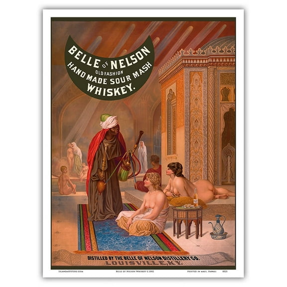 Belle of Nelson Whiskey - Old Fashion Hand Made Sour Mash - Women in Turkish Harem - Vintage Advertising Poster c.1882 - Master Art Print (Unframed) 9in x 12in