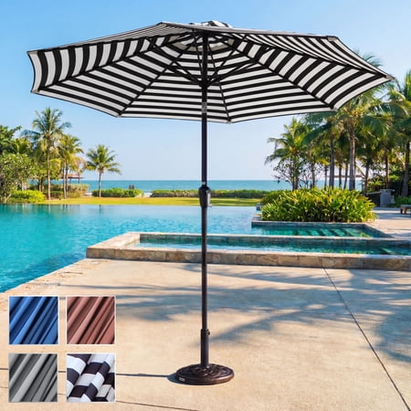 Belle Patio 9 FT Outdoor Aluminum Patio Umbrella, Round Polyester Market Umbrella with Crank and Push-Button Tilt, Black & White Striped