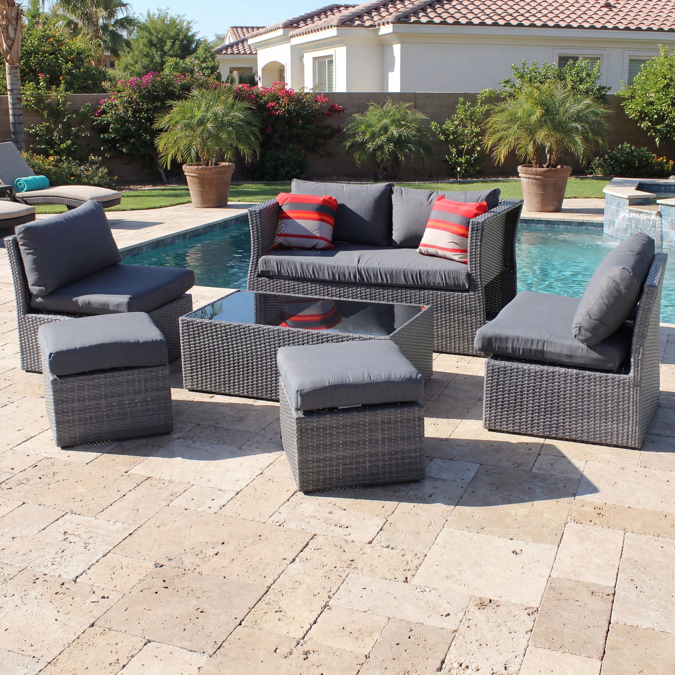 Belle Patio Sunset 6-Piece Wicker Outdoor Patio Furniture Conversation Set with 6 Seats, Tempered Glass Coffee Table & Gray Cushions