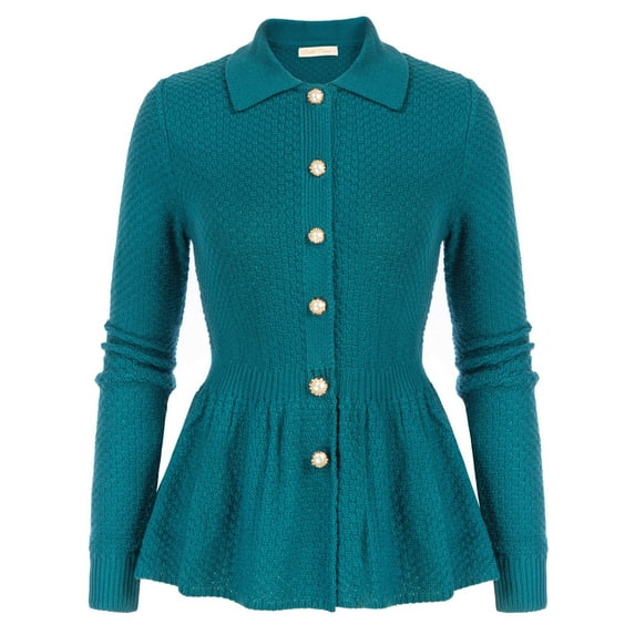 Belle Poque Cardigan for Women Defined Waist Long Sleeve Lapel Button Ruffled Hem Cardigan Sweater