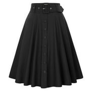 Belle Poque Women's Stretch High Waist A-Line Flared Midi Skirts with Pockets & Belts Solid Color Buttons Decorated Knee Length-Black-XL