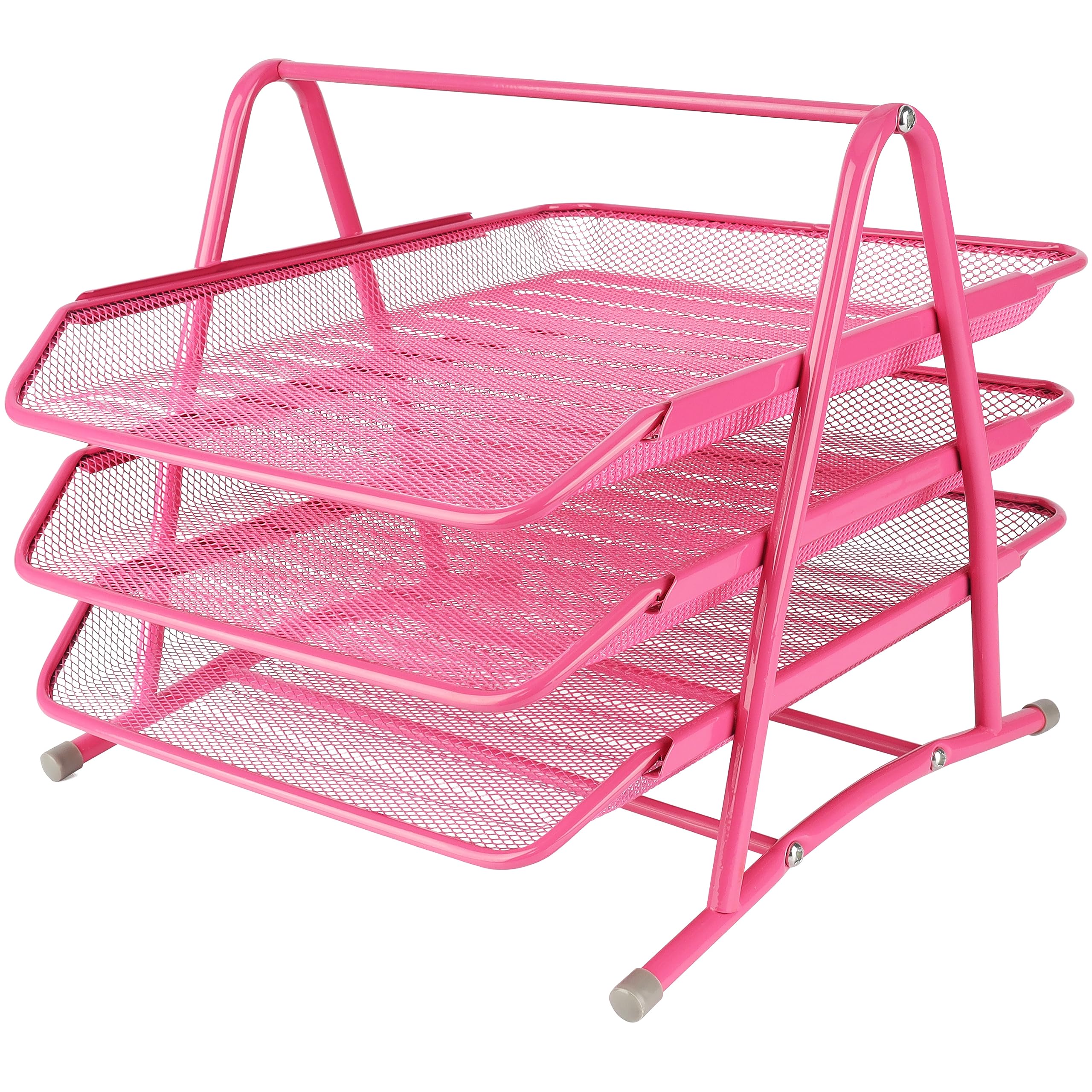 Belle Vous Pink Mesh 3Tier Letter Tray Organiser Metal A4 Office Desk Tidy File Holder Rack