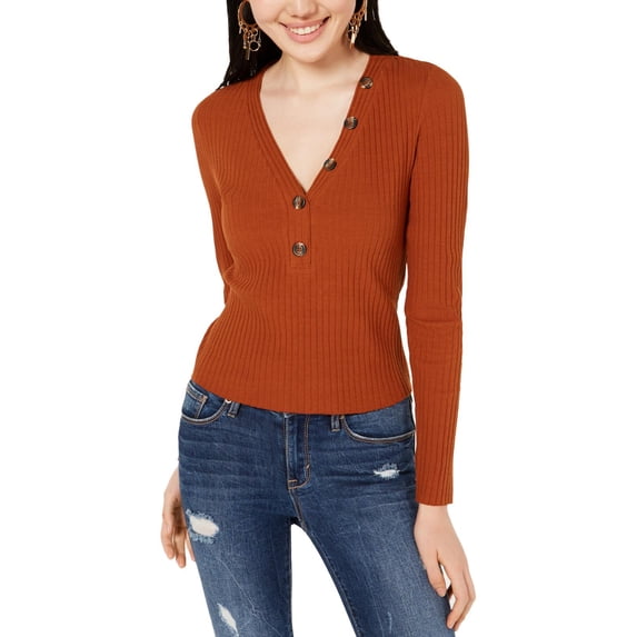 Belle du Jour Womens Henly Ribbed Knit Pullover Top Brown XL