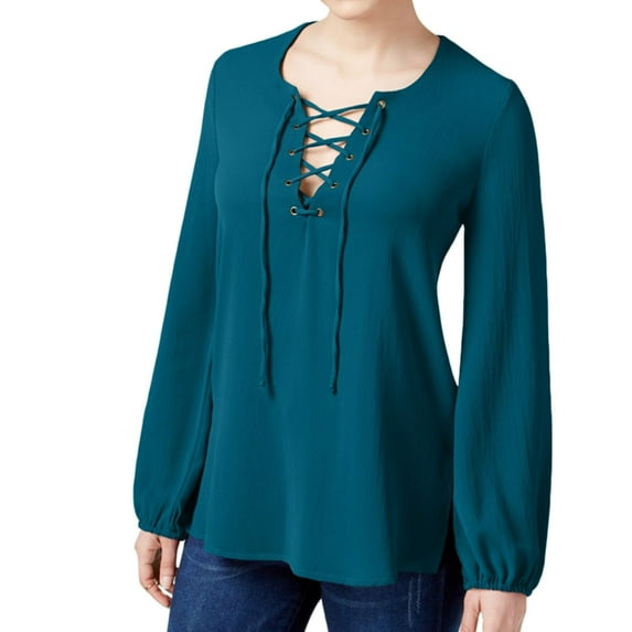 Belle du Jour Womens Lace-Up Knit Blouse, Blue, Juniors, Small