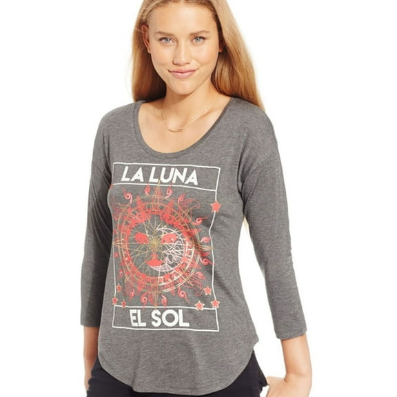 Belle du Jour Womens Sun Moon Foil Graphic T-Shirt, Grey, Juniors, Small