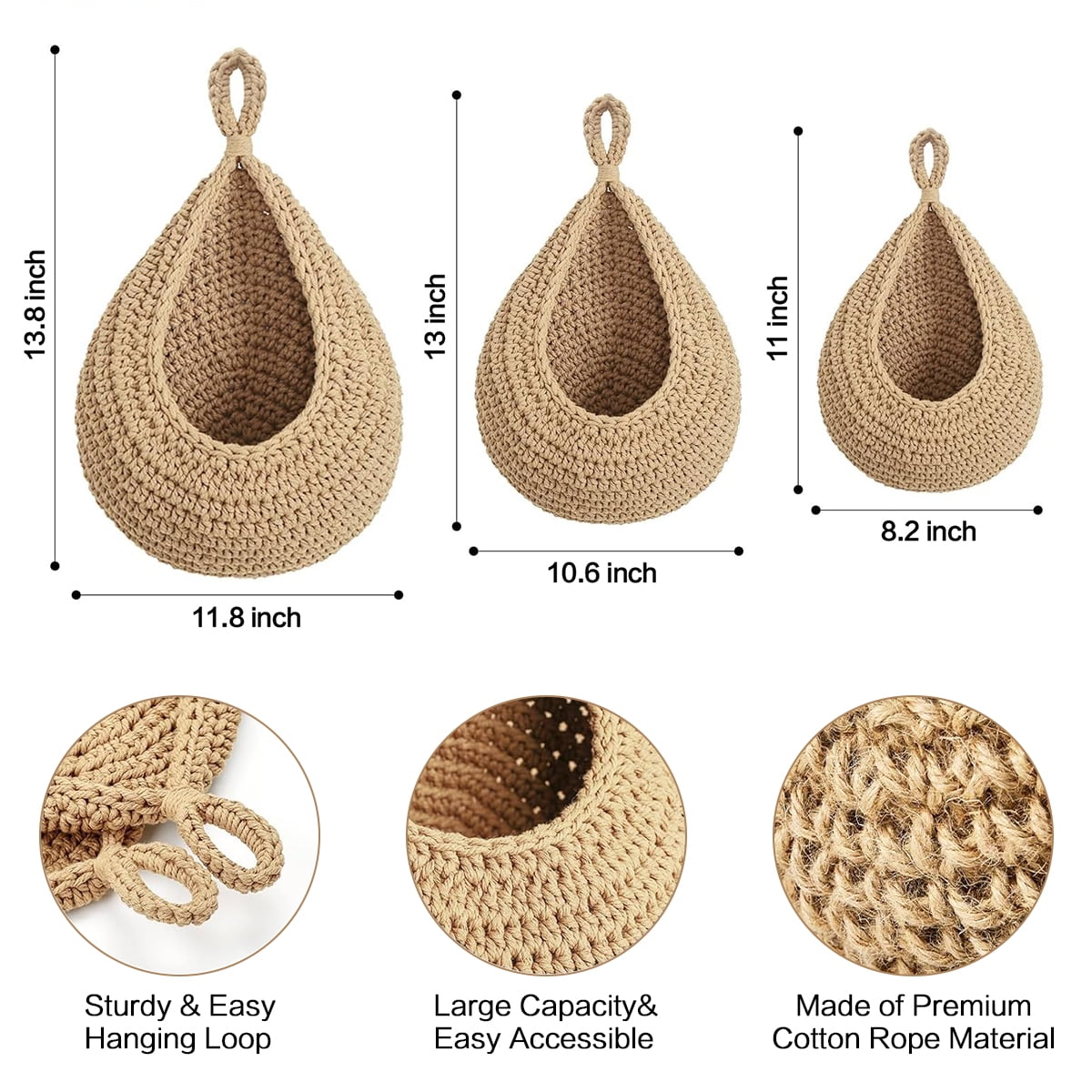 BelleForn 3 Pack Hanging Fruit Baskets, Bohemian Style Kitchen Storage Baskets, Handwoven Fruit Hanging Rack