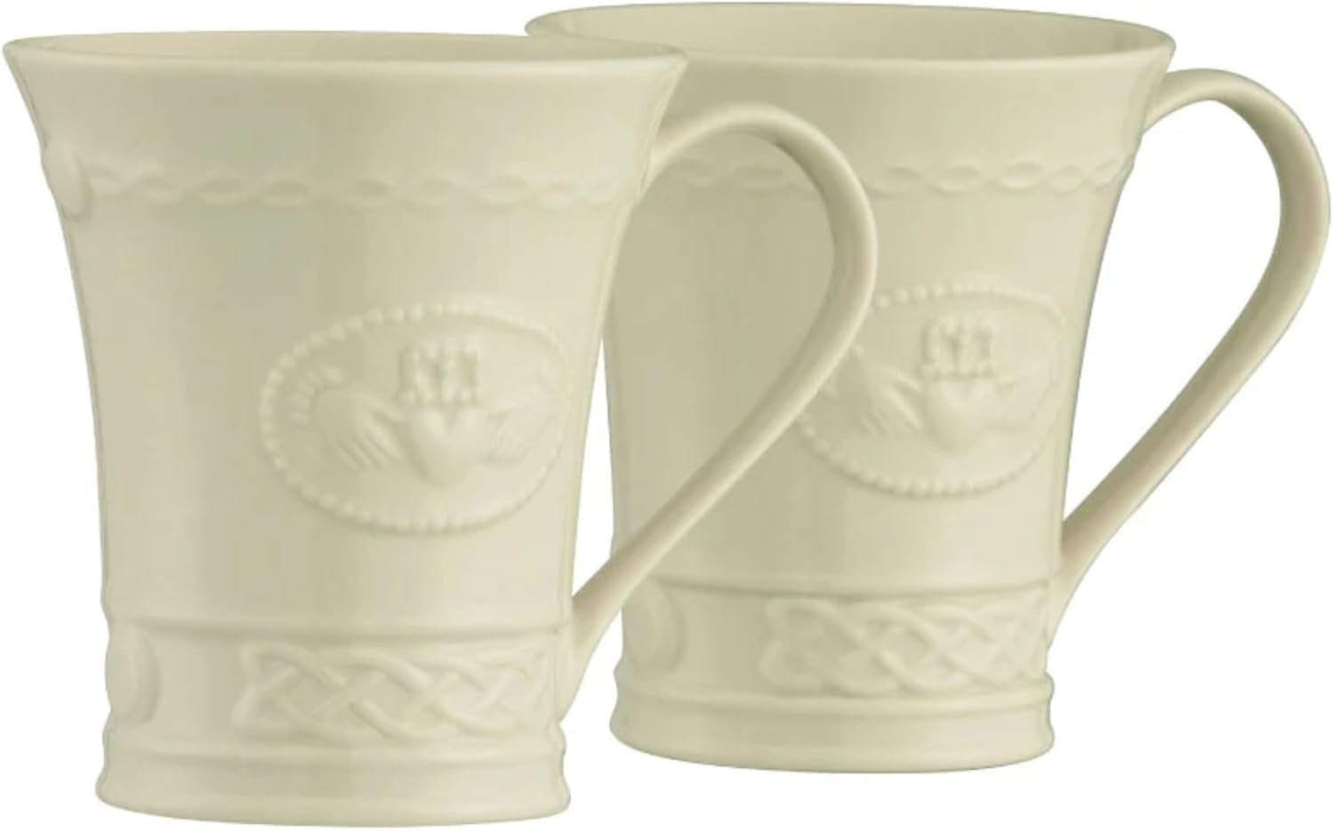Belleek Irish Coffee Mugs Pair, Medium, White Shamrock Design - Handcrafted In Ireland, Basket Weave Pattern