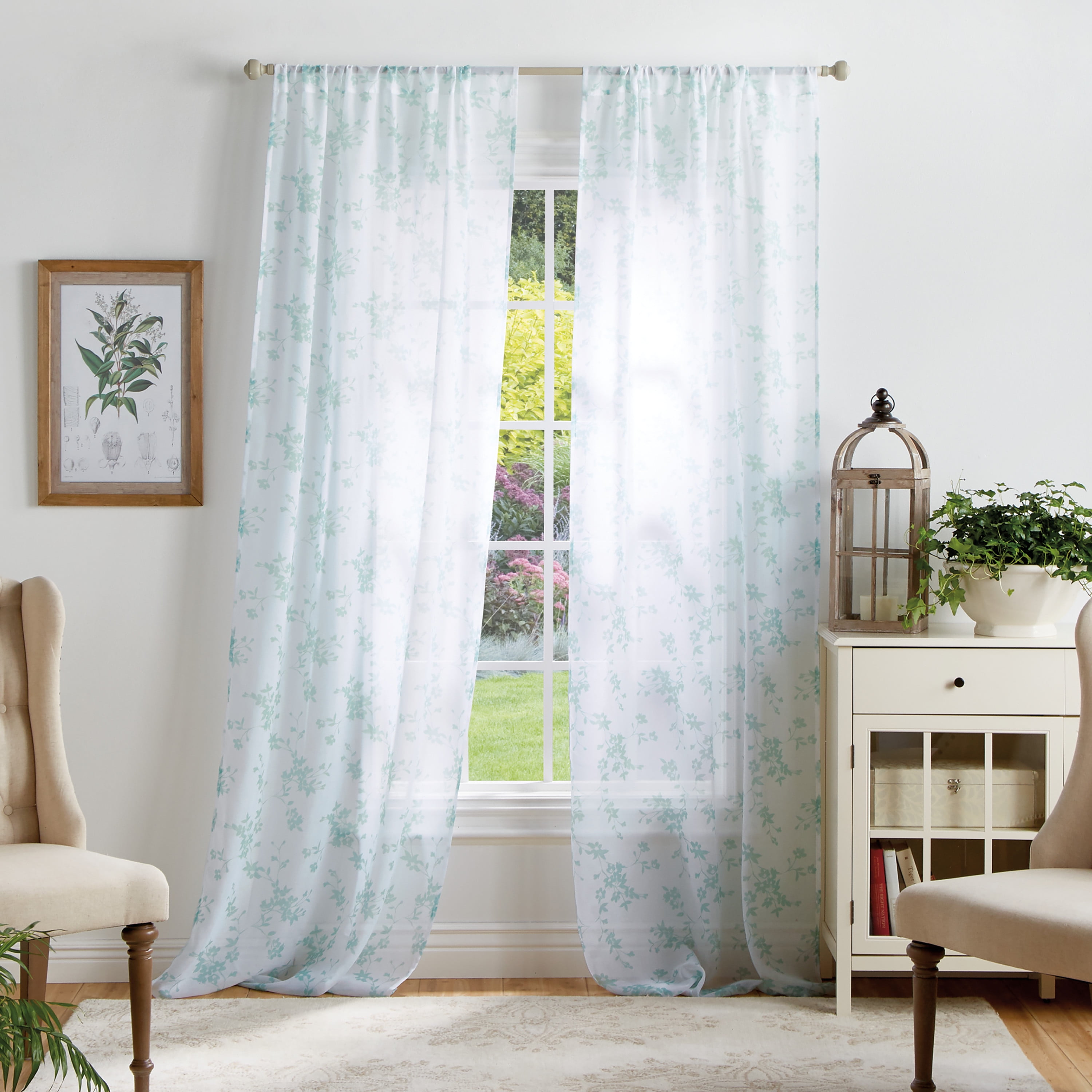 Aqua Floral Sheer Rod Pocket Curtain Panels, 95"
